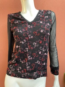 NWT Postie black sheer lined long sleeve red embroidered ladies XS - Foto 1 di 8