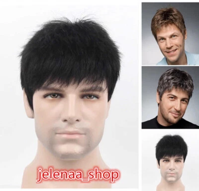 Mens Short Black Brown Hair Wig Synthetic Daily Natural Cosplay Party Full Wigs - Image 1 of 4