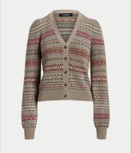 Lauren Ralph Lauren Fair Isle Cotton linen Multicolor Cardigan Sweater Sz L NWT - Picture 1 of 15
