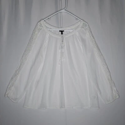 Top Jessica Simpson para mujer XL blanco encaje transparente manga larga cordón lazo borla Foto 1 de 4