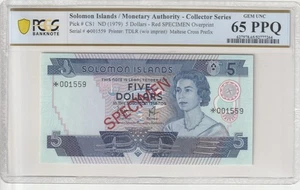 Solomon Islands 1979 $5 Certified PCGS Banknote UNC 65 PPQ Pick CS1 Specimen - Picture 1 of 2