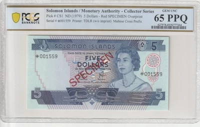 Solomon Islands 1979 $5 Certified PCGS Banknote UNC 65 PPQ Pick CS1 Specimen - Image 1 of 2