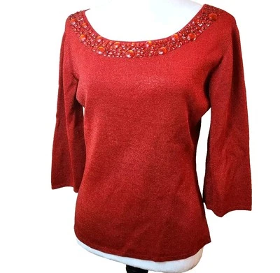 复古 Joseph Abound Petite 毛衣女式小号 PL 红色水钻 80 年代上衣 — 第 1/4 张图片