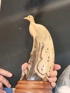 Cattle Horn Statue Peacock Carved Figurine Sculpture on Wood Base 8.5"A315 - Picture 1 of 16