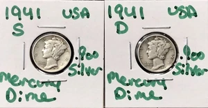 1941 D & 1941 S Mercury Dime 0,900 Silber US Münzen XF Details - 2x US Coin Lot - Bild 1 von 8
