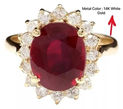 Women's Halo Ring For Wife Gift 3CT Oval Natural Ruby & Diamond 14k White Gold - Image 1 of 4