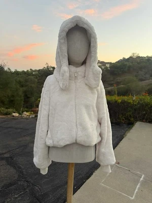 JASON WU Womens Ivory Faux Fur Zip Up Hooded Bomber Jacket Size M NWT - Image 1 of 4