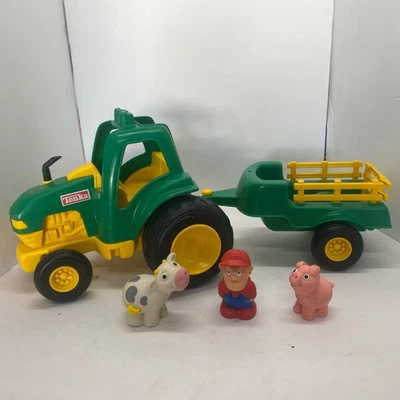Vintage 1992 Tonka 22" Green Tractor Trailer Wagon Cart Plastic w Farmer Pig Cow - Image 1 of 4