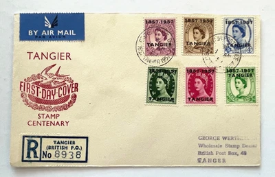 Marruecos TÁNGER Sobreimpresión GB Registrado Primer Día Cubierta 1957 Centenario FDC Foto 1 de 2