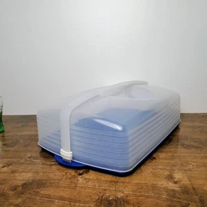 Tupperware Rectangle Bake N Take Cake Cupcake Taker Carrier Blue Clear - Picture 1 of 7