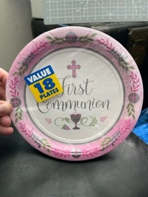 Communion Day Girl Pink 7" Paper Snack Plates 18ct. Party Supply New!!! - Image 1 of 2