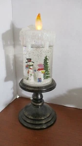 FLICKERING Lighted CANDLE SNOWMAN WATER SNOW GLOBE on HOLDER - Picture 1 of 3