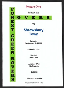 FOREST GREEN ROVERS v SHREWSBURY TOWN 03.09.22 LEAGUE ONE MATCH PROGRAMME - Picture 1 of 3