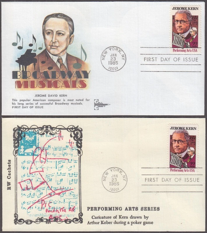 USA # 2110 FDC SET of 2 DIFF CACHETS of JEROME KERN, AMERICAN JEWISH COMPOSER - Image 1 of 1