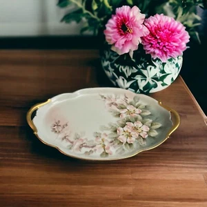 Antigua bandeja de porcelana floral pintada a mano Vignaud Limoges firmada por artista Francia - Imagen 1 de 11