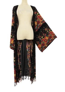 Black Floral Kimono Plus Size 3X Cover Up Long Sleeve Rayon Boho Jacket - Picture 1 of 8