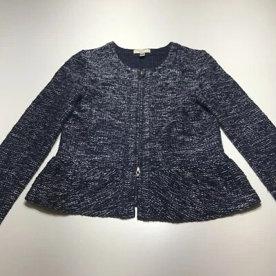 J. Crew Blazer 夹克女式 XS 码蓝色针织拉链正面带口袋荷叶边下摆 — 第 1/4 张图片