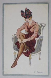 Vintage 1930’s Signed French Glamour Postcard Beautiful Women Tying Her Boot - Picture 1 of 3
