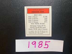 Monopoly Deluxe Anniversary Edition 1985 INDIANA AVE Title Deed Card - Picture 1 of 3