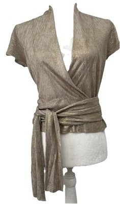 Cárdigan suéter envolvente manga corta The Limited beige dorado metálico talla XS Foto 1 de 4