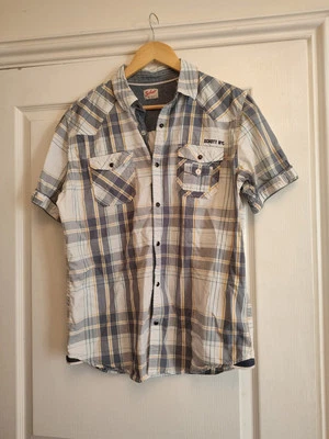 Camisa Schott NYC Para Hombres 42 L Grande/M Mediana Algodón Azul Cuadros Negros Broches de presión EE. UU. Foto 1 de 4