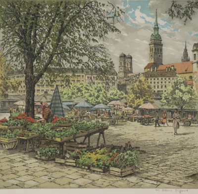 HANS FIGURA Viktualienmarkt München Aquatinta Radierung signiert munich etching - Bild 1 von 4