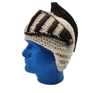 Handmade Crochet Knight Trojan Spartan Gladiator Hat w/ Face Shield Tan Brown - Picture 1 of 8