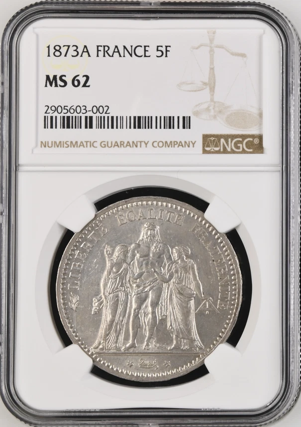 :1873-A 5 FRANCS FRANCE NGC MS62 HERCULES GROUP LOW POP RARITY R3 HIGH GRADE - Image 1 of 2