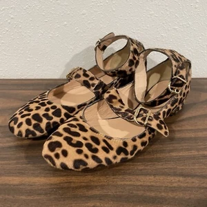 J Crew Double Strap Flats Cheetah Leopard Print Calf Hair Mary Janes Womens 6.5 - Picture 1 of 12