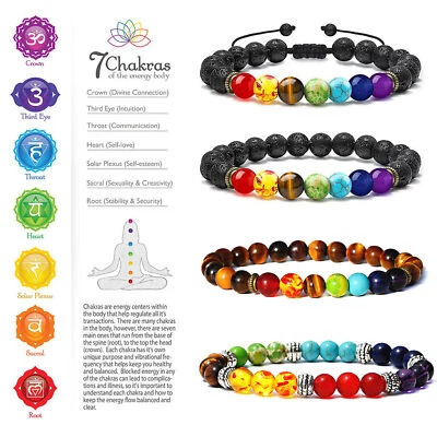 Natural Healing Beads 7 Chakra Crystal Stone Lava Tiger Eye Energy Yoga Bracelet - Image 1 of 4