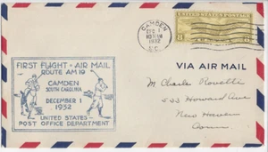 UNITED STATES: First Flight Cover, A.M. 19, Camden, SC December 1, 1932 - Picture 1 of 1