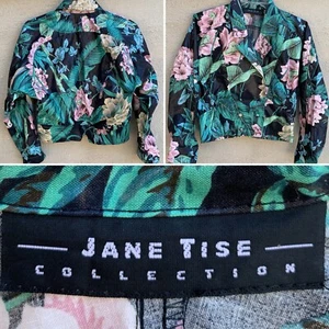 Vintage Jane Tise Collection Cropped Blazer Jacket Shiny Cotton Floral Parrot M - Picture 1 of 12