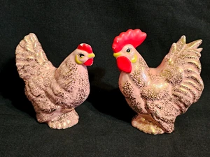 1950s 2 old Royal Copley Style Retro Pink Chicken Rooster Hen Kitchen Figures St - Picture 1 of 8