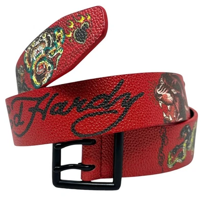 Cinturón Ed Hardy Para Hombre Talla 34 Estampado Pantera Rojo Negro Con Tachuelas Remachadas NUEVO Foto 1 de 4