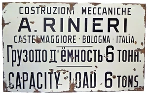 Vintage A Rinieri Porcelain Enamel Sign 18x30" Italy Bologna Industrial 6 Tons - Picture 1 of 8
