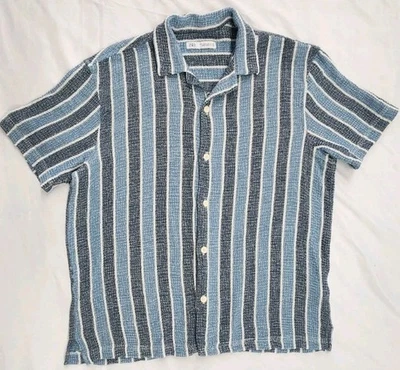 Camisa Zara Para Hombre Extra Grande Azul Marino Rayas Campamento Texturizado Mezcla Algodón Foto 1 de 4