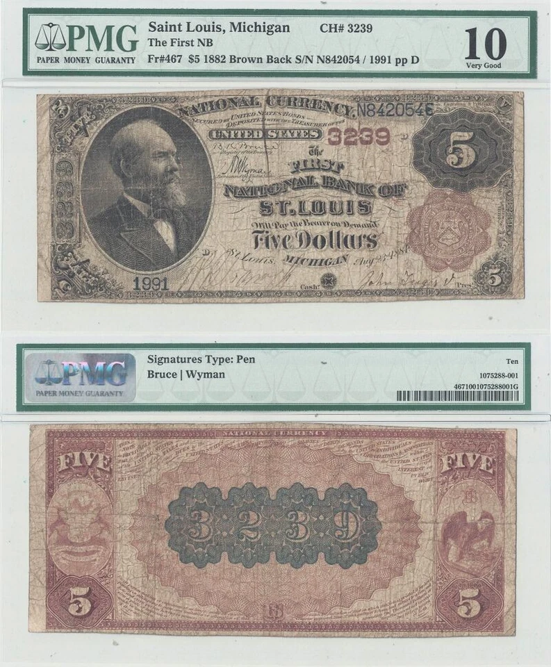 1882 $5 St. Louis, Michigan PMG VG-10 Charter 3239 - Image 1 of 1