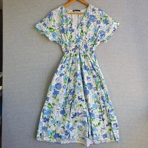 Zara Dress Sz Small Blue White Floral 100% Cotton Ruched Fit Flare Midi Event - Picture 1 of 12