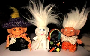 Trick-or-Treat Halloween Trio of Trolls OOAK 3" dolls vtg Ghost Mom Dad Kid bag - Picture 1 of 12