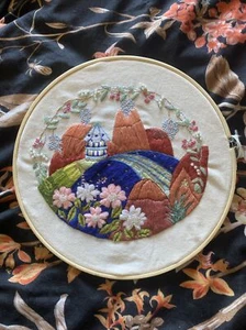 Hand Stitched Embroidery Mountains With Beadwork Unique - Picture 1 of 1