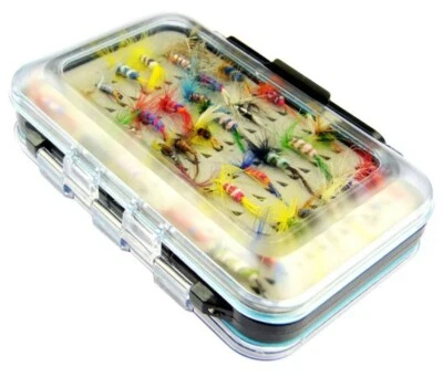 trout salmon fly fishing flies assortment tackle box with 64 fly fishing flies  - Image 1 of 4