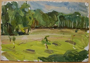 Ukrainian Soviet Oil Painting impressionism landscape field forest edge trees - Picture 1 of 3