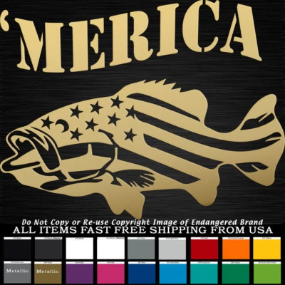 'Merica Bass Stars and Stripes fishing Patriotic Decal sticker truck  - Image 1 of 4