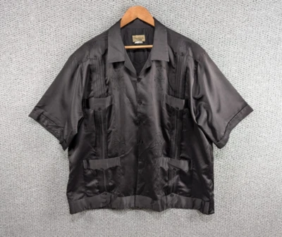 Chamizzo Alvarez Black Satin Guayabera Yucatan Embroidered Button Shirt 2XL - Image 1 of 4