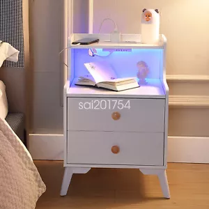 Set of 2 Nightstand LED Bedside Tables with Charging Station and 2 Drawers Wood - Picture 1 of 10