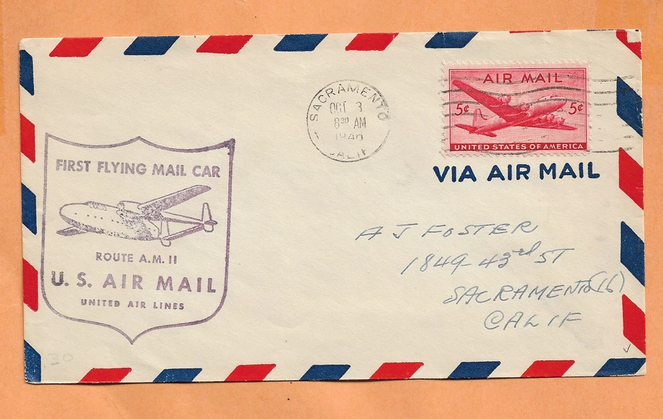 FIRST FLIGHT   AM 11 SACRAMENTO CA OCT 3,1946 UNITED AIRLINES - Image 1 of 1