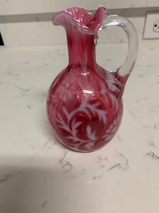 Vintage Fenton Daisy and Fern Opalescent Cranberry Ruffled Rim Cruet no Stopper - Picture 1 of 5