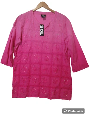 Nuevo con etiquetas Talla 1X XL SOL Ombre Rosa Algodón Túnica Top Natación Cubrir Lentejuelas Resort Playa Foto 1 de 4