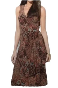 Ralph Lauren Women Vibrant Brown Paisley Faux Wrap Dress Sz Small Petite Stretch - Picture 1 of 4