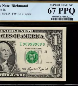 2006 $1 Federal Reserve Note PCGS 67PPQ super radar serial number 90999909 - Picture 1 of 3